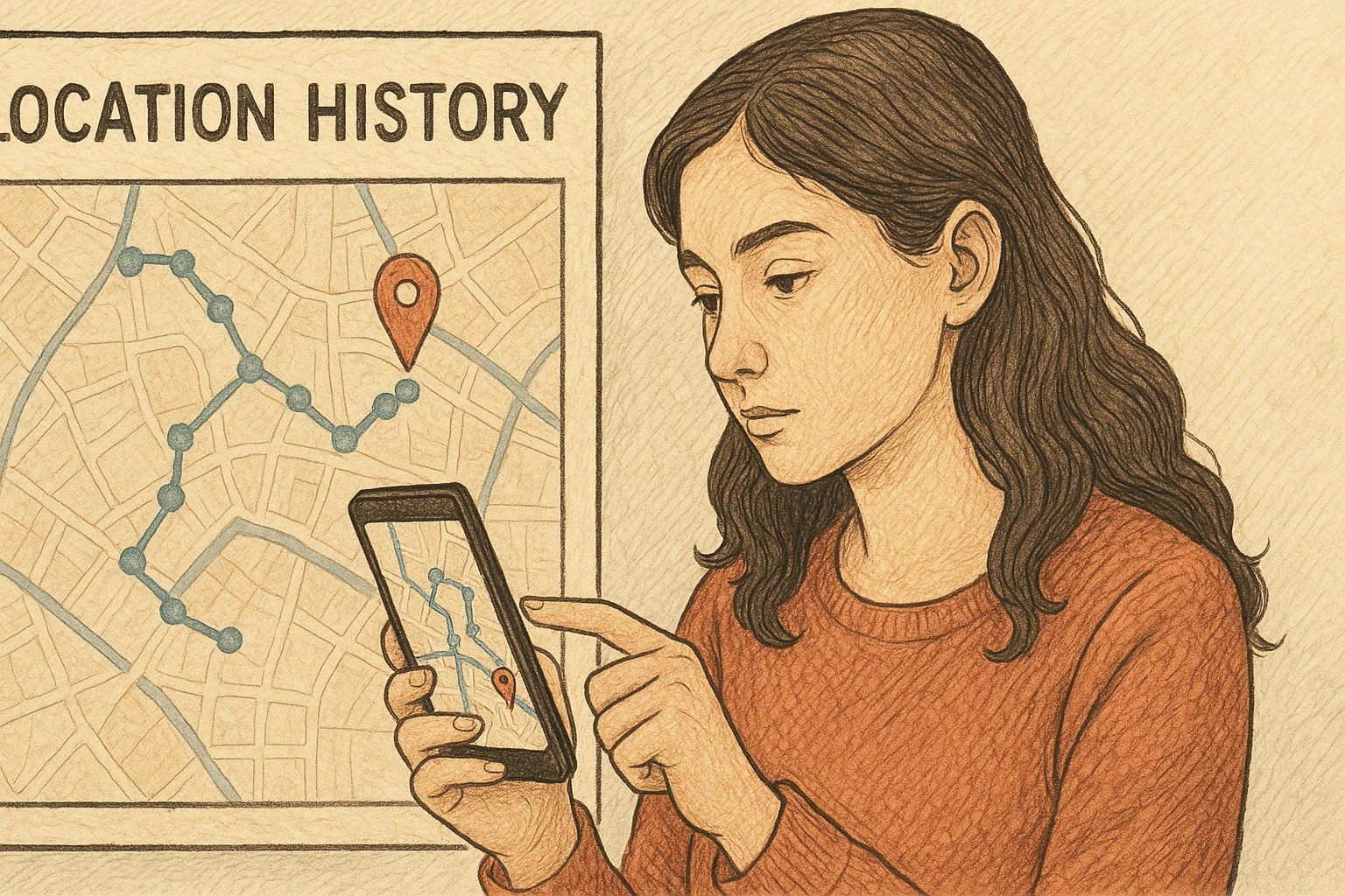 A young woman looks at her location history and analyses it via her smartphone.