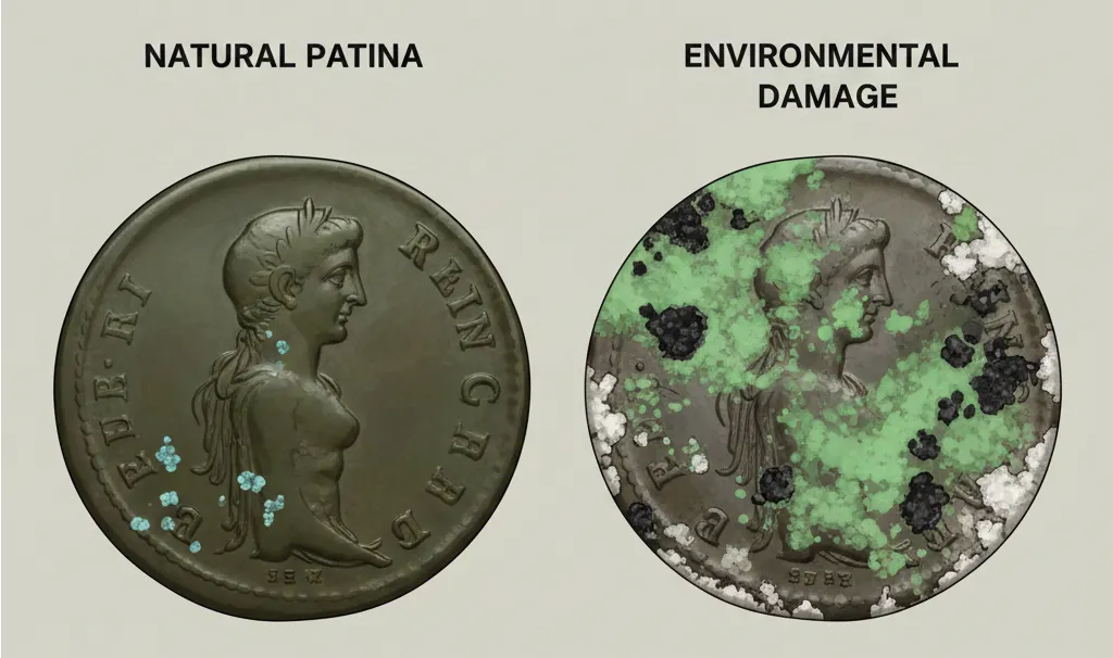 patina and environmental damage on coins