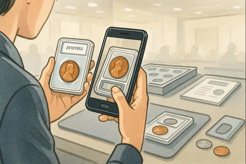  A collector checks the value of a coin in the auction house via the coin identifier app.