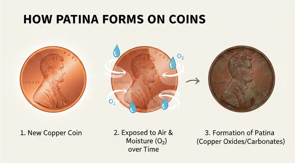 detailed illustration on how patina is formed on coins