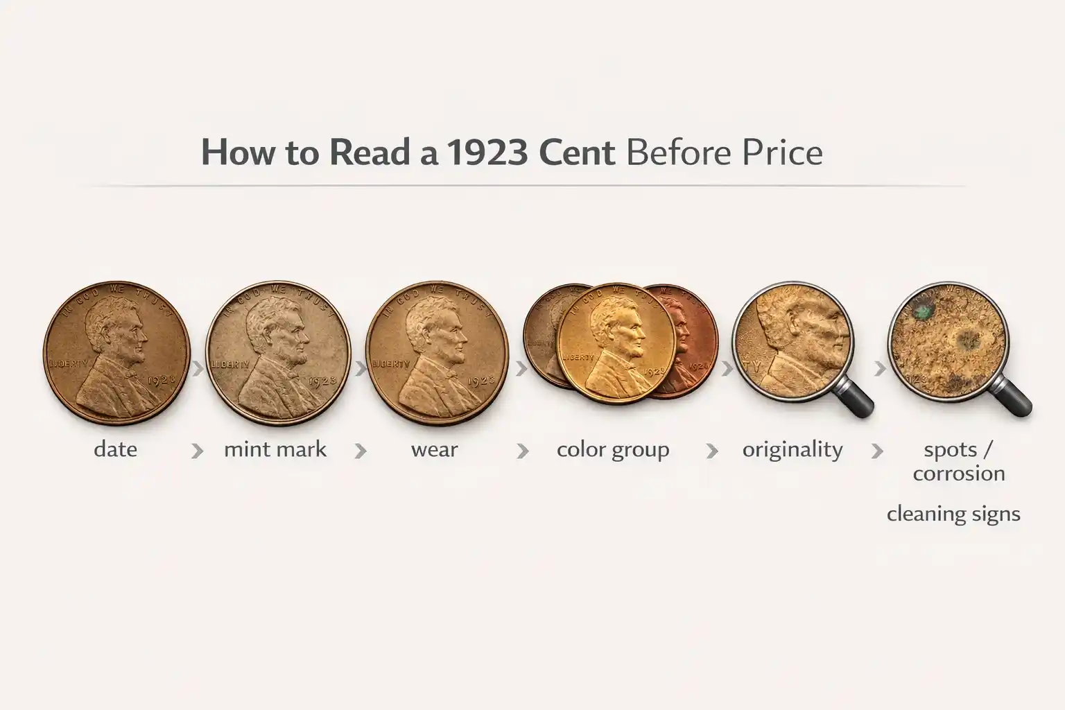 Infographic for checking a 1923 Lincoln cent before pricing.